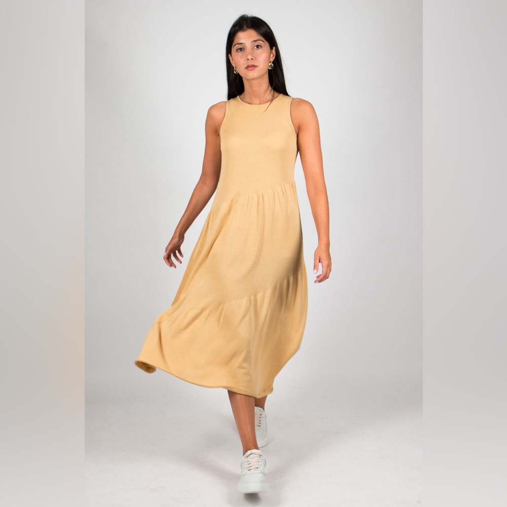 Vince Medium Tiered Tank Midi Sweater Dress Beige Gold New NWT